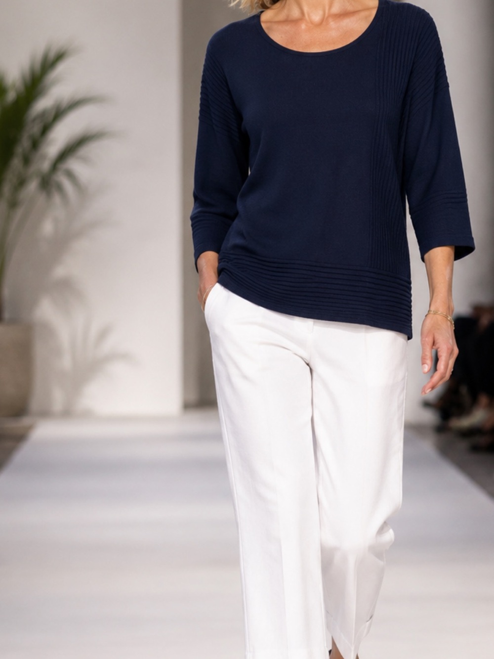 Dana Buchman Navy Top with White Straight-Leg Pants